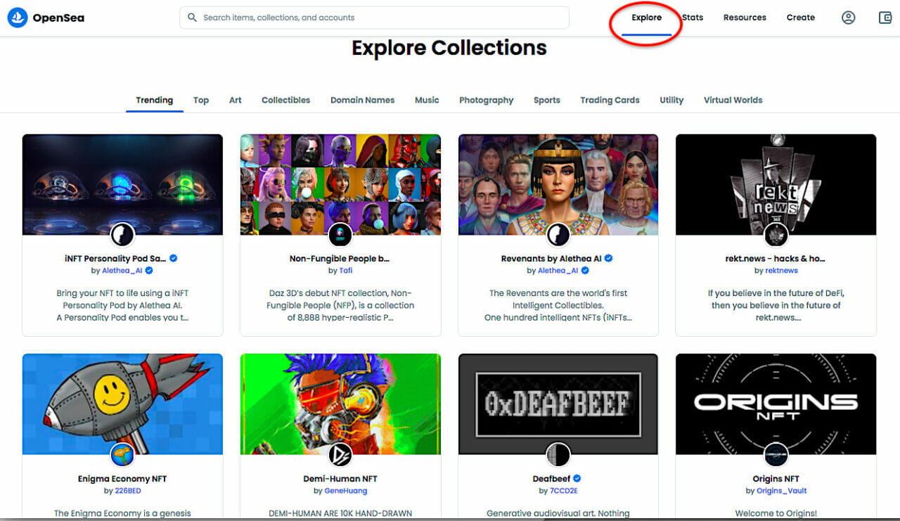 OpenSea explore collections